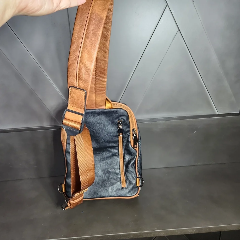 Fadeon Two-Tone Black and Tan Faux Leather Crossbody Sling Shoulder Bag